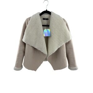 MISSGUIDED SHEARLING WATERFALL JACKET IVORY FAUX SUEDE COZY COAT SIZE 0